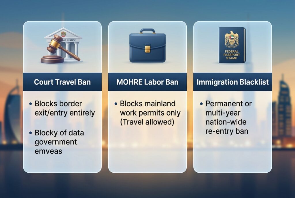 Comparison chart defining differences between UAE Court Travel Ban, MOHRE Labor Ban, and Immigration Blacklist.