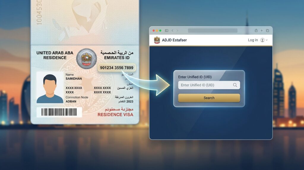 UAE visa page illustration showing the 9-digit Unified ID (UID) number used for ADJD Estafser lookup.