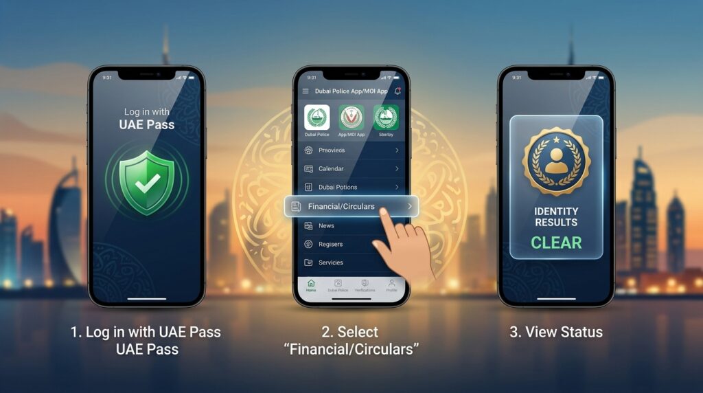 Step-by-step digital process diagram: 1. Log in via UAE Pass, 2. Select Financial Cases, 3. View status CLEAR.