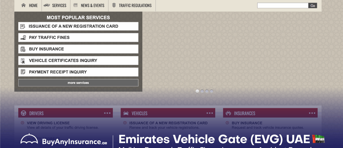 Emirates Vehicle Gate EVG portal homepage for Abu Dhabi Mulkiya vehicle registration renewal.