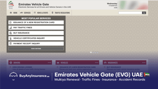 Emirates Vehicle Gate EVG portal homepage for Abu Dhabi Mulkiya vehicle registration renewal.