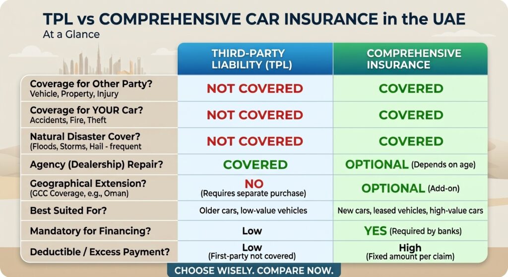 TPL vs. Comprehensive car insurance in the UAE.