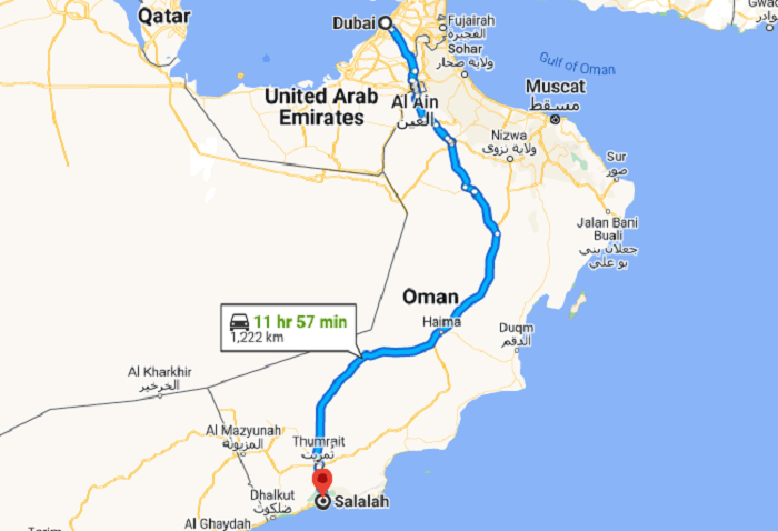 الطريق من دبي إلى صلالة عبر طريق العين