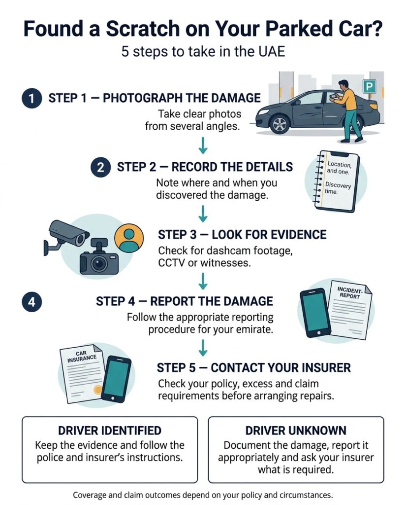 5-step guide on what to do when you find scratches or dents on a parked car in the UAE.