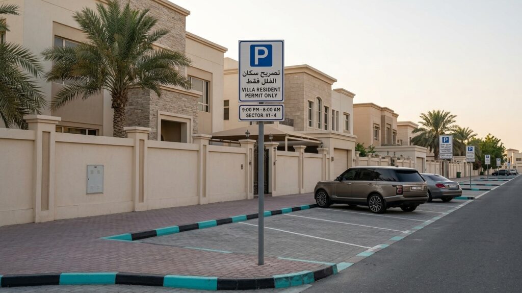 A board showing villa resident parking permit in Abu Dhabi