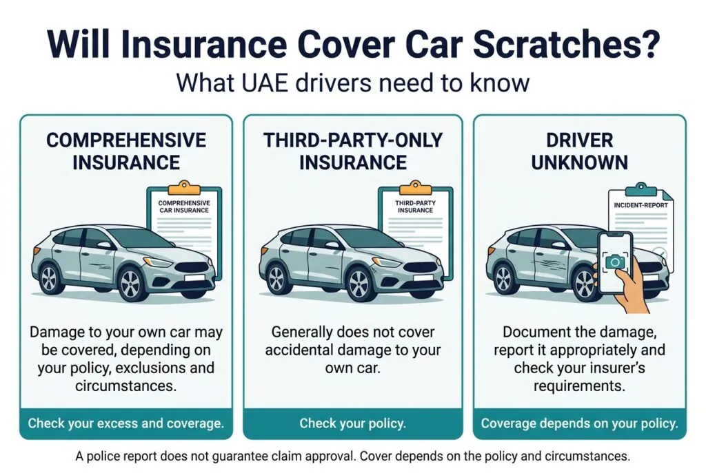 omparison of comprehensive car insurance, third-party-only insurance and unknown-driver situations involving scratches on a parked car in the UAE.